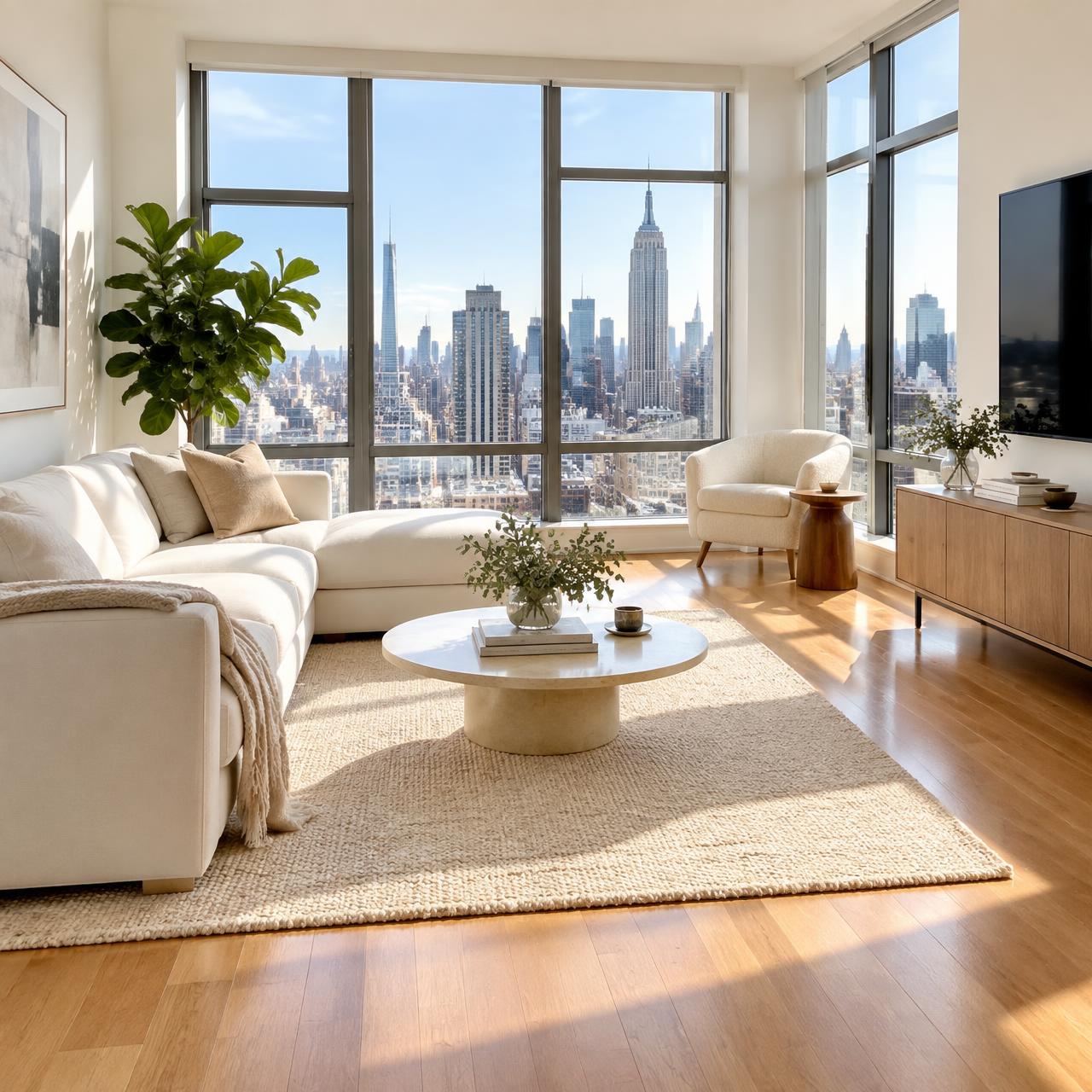 Spotless, sunlit New York City apartment living room after a professional cleaning